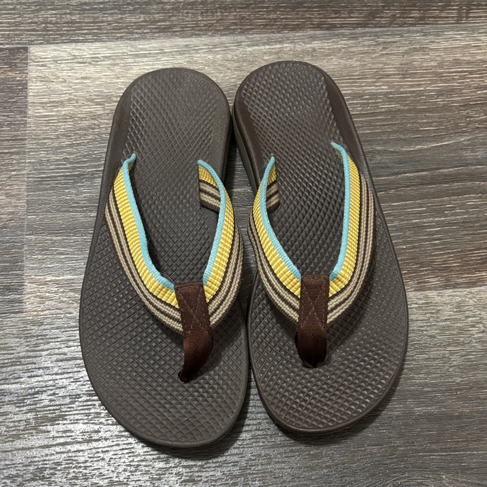 Chaco Brown Flip Flop Sandals with Yellow and Light Blue Straps